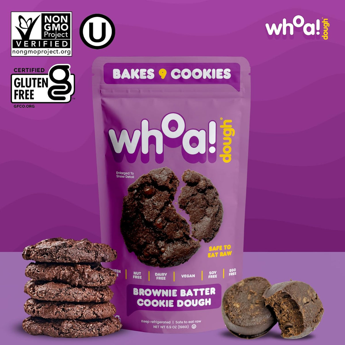Whoa Dough Ready to Bake Cookie Dough Brownie Batter – Certified Non-GMO, Kosher, Gluten Free – Plant-Based Snack Dough Made with Real Ingredients – 24 Pack