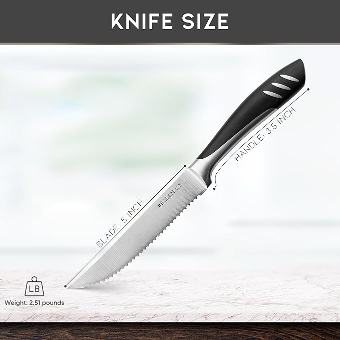 Bellemain Premium Steak Knives Set of 6, Kitchen Knife Sets with Steel Blades for Precise Cutting, Lightweight Steak Knife Set Stainless Steel & Durable, Serrated Steak Knives Dishwasher Safe