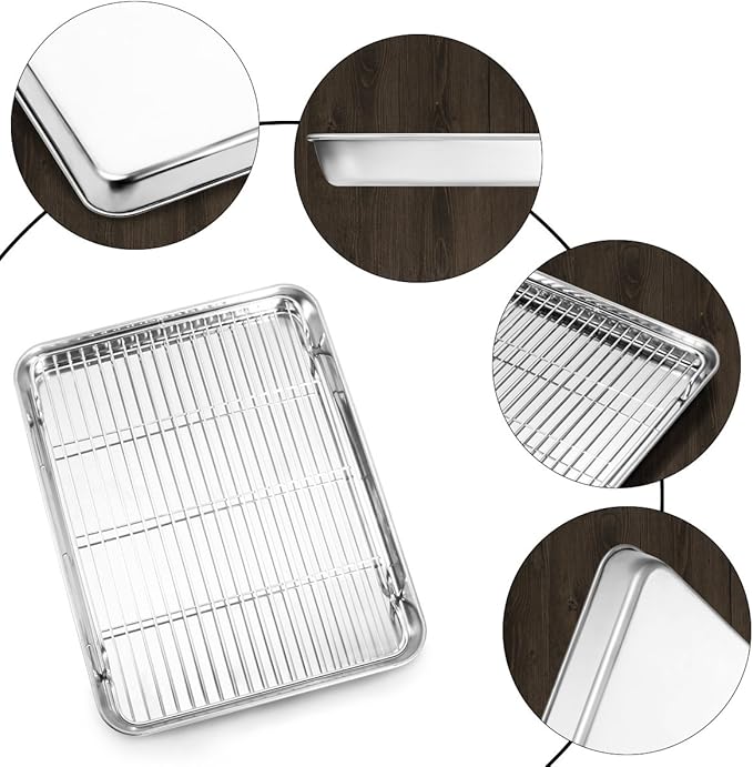 Baking Sheet and Cooling Rack Set, Stainless Steel Commercial Grade Cookie Sheet and Rack Set, 12.5 x 10 x 1 inch, Healthy & Nontoxic & Rustproof & Easy Clean & Dishwasher Safe