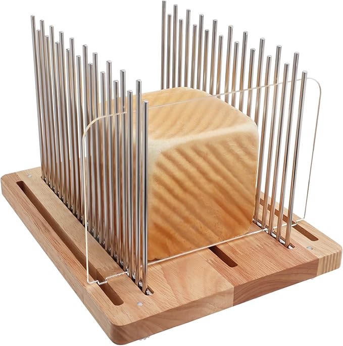 Bread Slicer, Stainless Steel Bread Slicer for Homemade Bread,Adjustable Bread Slicing Guide, Foldable and Compact Cutting Guide, Durable and Stable Wooden Structure for Bread Loaf Slicer