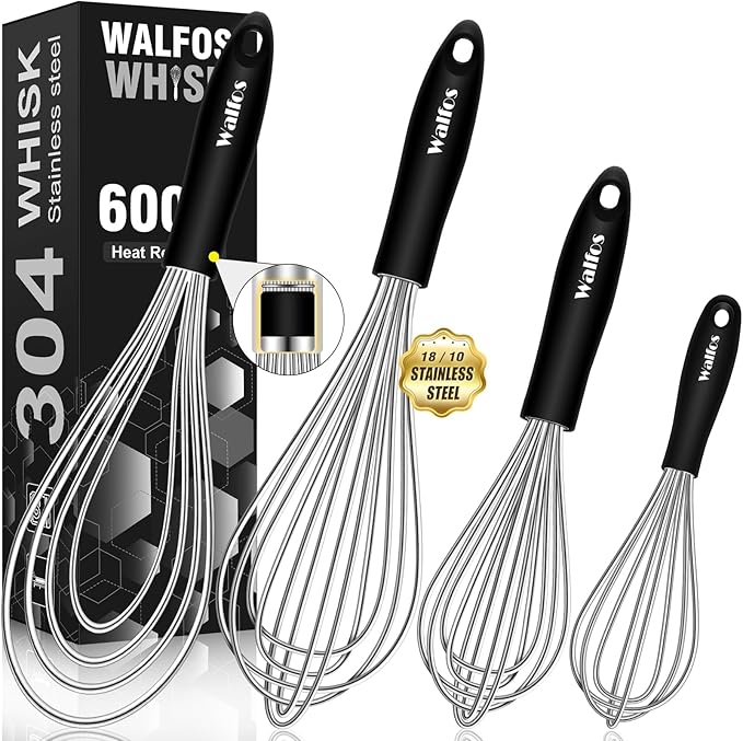 Walfos Whisk,Whisks for cooking set, 304 Stainless steel Whisks,Heat Resistant 600°F.Perfect for Blending Beating Stirring - 11inFlat Whisk and 7+9+11in Balloon Whisk