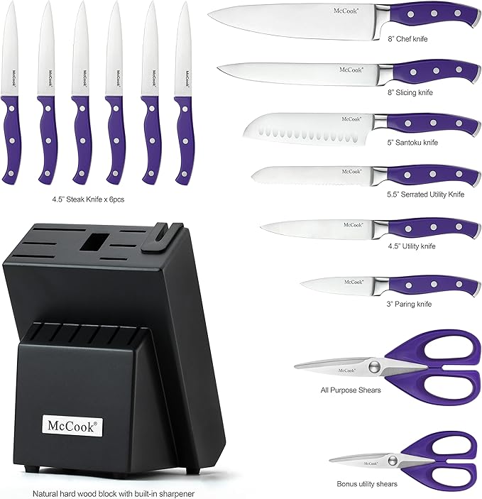 McCook MC27 14 Pieces Stainless Steel kitchen knife set with Wooden Block, Kitchen Scissors and Built-in Sharpener, Purple