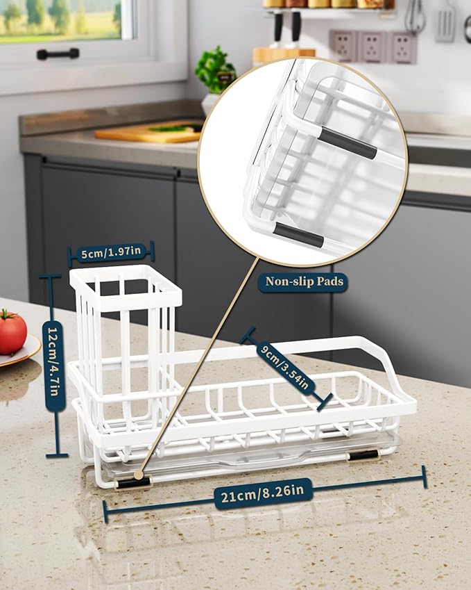 Consumest Sponge Holder for Kitchen Sink - Sink Caddy Organizer with Removable Drip Tray for Countertop Dish Soap Dispenser Brush Storage Kitchen Accessories 304 Stainless Steel, White