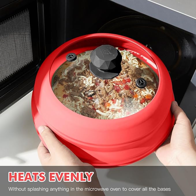 Microwave Splatter Cover Vented Glass Splatter Guard Lid with Collapsible Silicone for Food as Pot Cover Plate 10.8 inch for 6 7 8 9 10 inch Plate Bowl Red