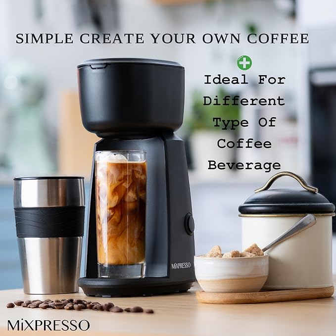 Mixpresso Personal Single Serve Coffee Maker & 14oz Travel Mug, Drip Small Coffee Maker & Tumbler, Auto Shut Off & Reusable Filter, Compatible with Coffee Grounds