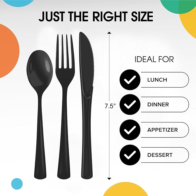 Party Solids Black Plastic Silverware Heavy Duty 150 Pieces Black Plastic Cutlery Sets, Utensil Sets, 50 Of Each Forks, Knives & Spoons Disposable Cutlery Set, Flatware Set For Party Supplies
