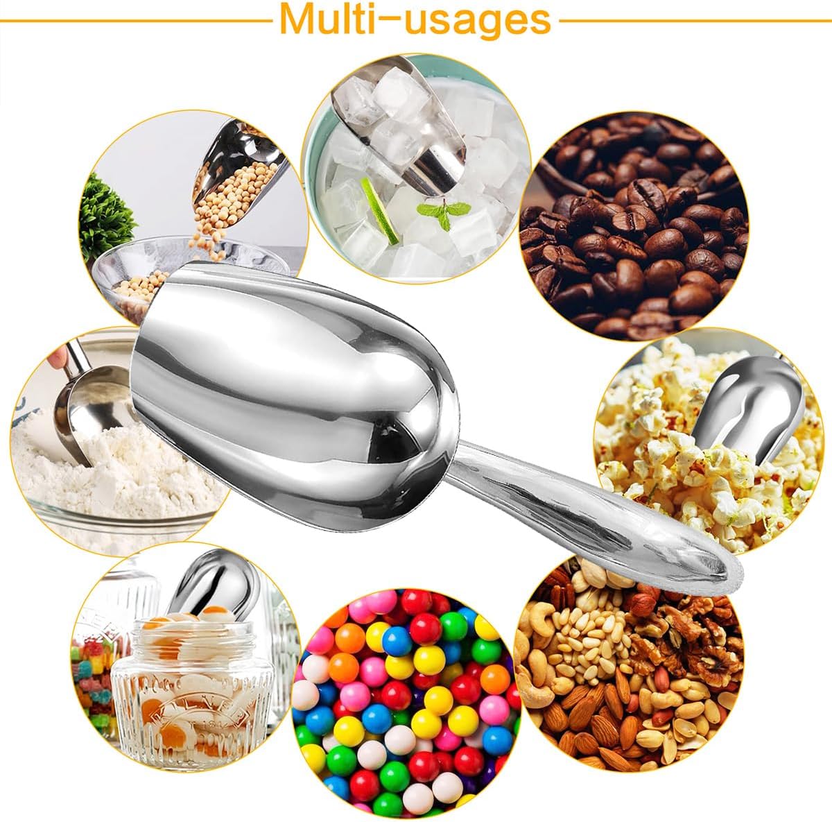 Metal Ice Scoop，Kitchen Ice Scooper for Ice Maker,Stainless Steel Small Ice Scooper for Freezer，Kitchen Gadgets Cookie Flour Pet Dog Food Scoop (Curved handle silver, 3oz)