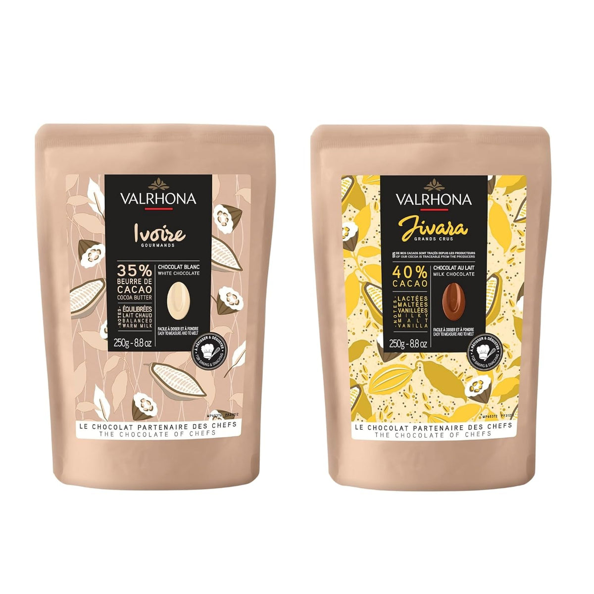 Valrhona Premium Baking Chocolate Discs (Feves), Creamy JIVARA 40% w/Hints of Vanilla and Malt, and Milk Chocolate IVOIRE 35% w/Hints of Vanilla & Warm Milk, For Cookies, Cakes, and more