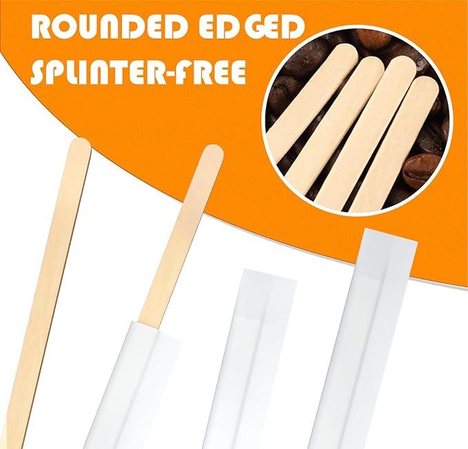 1000Pcs Disposable Wood Coffee Stir Sticks Stirrers Individually Paper Wrapped Coffee Tea Beverage Stirrers Stirrings 5.5 Inch,140mm