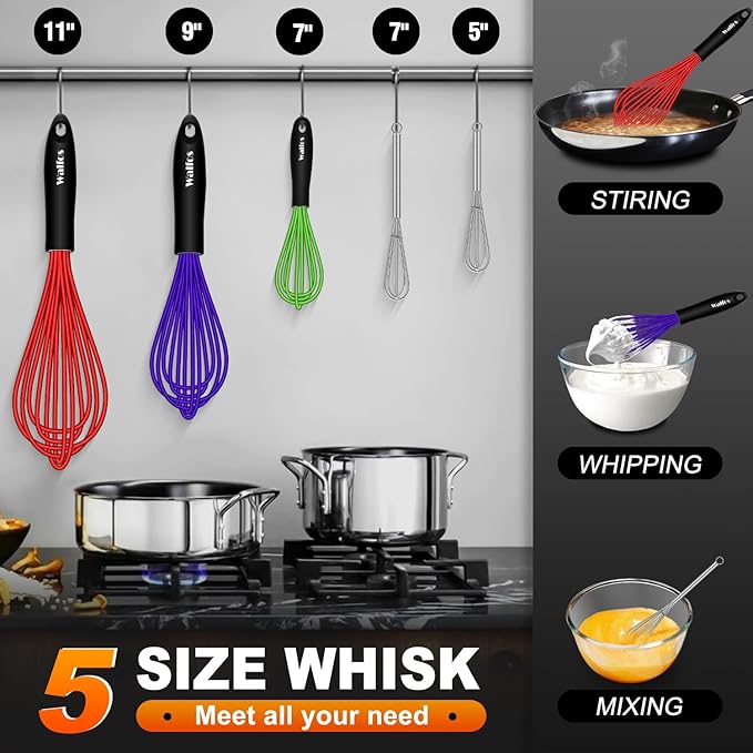 Walfos Silicone Whisks Set, 5pcs Whisk, Non Scratch Coated 7+9+11in Whisks and Mini stainless steel 7+5in Whisk, Suitable for Use in Whisking, Blending, Frothing, Beating & Stirring. (Multicolor)