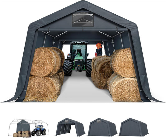 PHI VILLA 13'X22'X9.6' Outdoor Portable Storage Shelter Shed Garage with Roll up Zipper Doors & Vents Carport for Motorcycle Waterproof and UV Resistant Anti-Snow Portable Garage Kit Tent, Gray