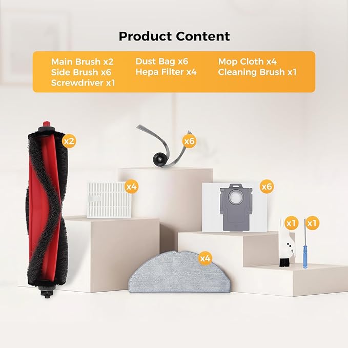 Yivy 24PCS Replacement Parts Compatible with Roborock Q7 M5+/ Q7 M5/Q7 L5/Q7 L5+, 2 Main Brushes, 6 Side Brushes, 4 HEPA Filters, 4 Mop Pads, 6 Dust Bags, 1 Cleaning Brush,1 Screwdriver Spare Parts