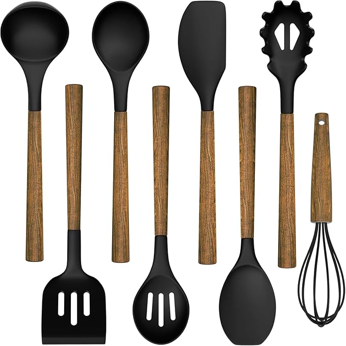 Silicone Cooking Utensil Set, Umite Chef 8-Piece Kitchen Utensils Set with Natural Acacia Wooden Handles,Food-Grade-Silicone Kitchen Gadgets Spatulas Set for Nonstick Cookware- Black