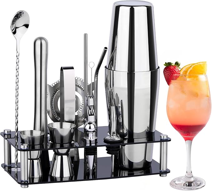Cocktail Shaker Set Bartender Kit : 15-Piece Bar Tool Set with Acrylic Stand Bars Set with All Practical Bar Accessories, for Drink Mixing, Bar, Home, Lounge & Party, Silver