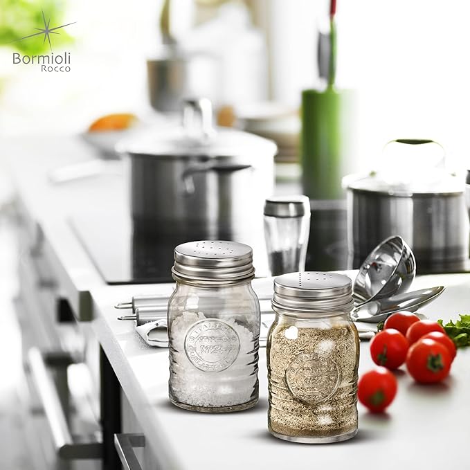 Bormioli Rocco Officina 1825 Salt And Pepper Shaker, Set Of 2, Clear, 8 Oz. Stain Resistant, Durable Glass Jars, Dishwasher Safe.
