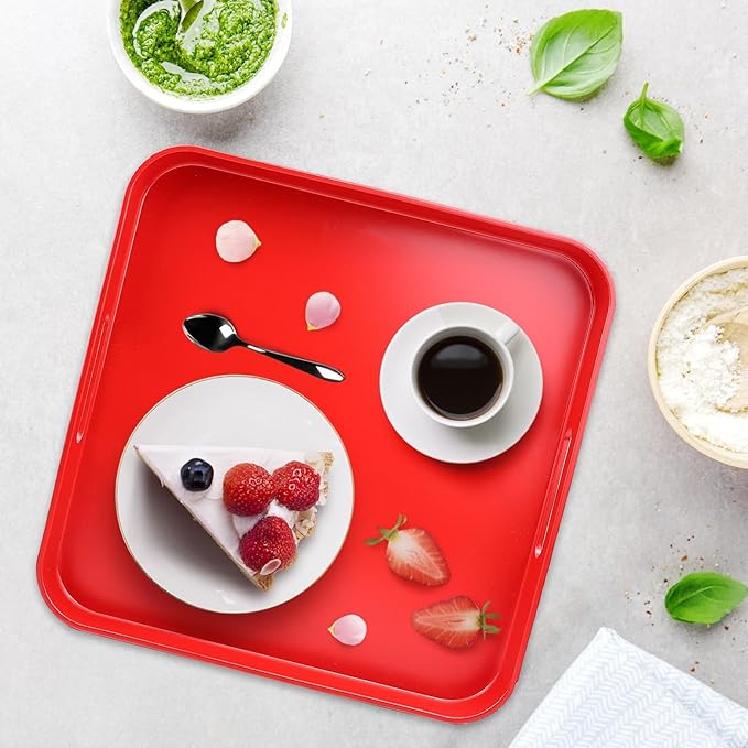 Square Red Decorative Serving Tray with Handles, Versatile Ottoman Tray for Coffee Table, Entertaining, Outdoor Patio, Living Room, 13”*13”*1.6”