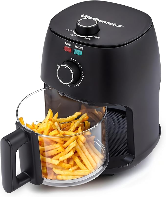 Elite Gourmet Glass Air Fryer, 2.4 Qt Compact Size for 1–2 People, PFAS-Free Ceramic & Glass Basket, Visible Cooking, Adjustable Temp 175–400°F, 1150W, Black