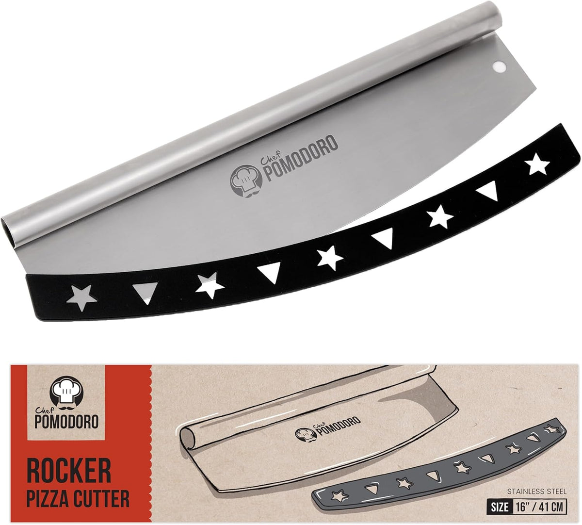 Chef Pomodoro 16 Inch Pizza Cutter Rocker Blade – Stainless Steel Rocking Pizza Cutter Knife with Cover – Professional Pizza Slicer – Large Pizza Rocker Knife for Big Pizzas and Flatbreads