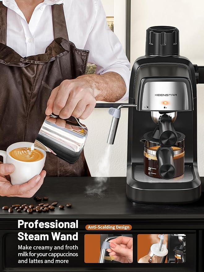 KEENSTAR 3.5Bar Espresso Machine with Milk Frother, 800W Compact Espresso and Cappuccino Machine with Preheating Function, 4 Cup Espresso Maker for Cappuccino or Latte, Gift for Coffee Lover