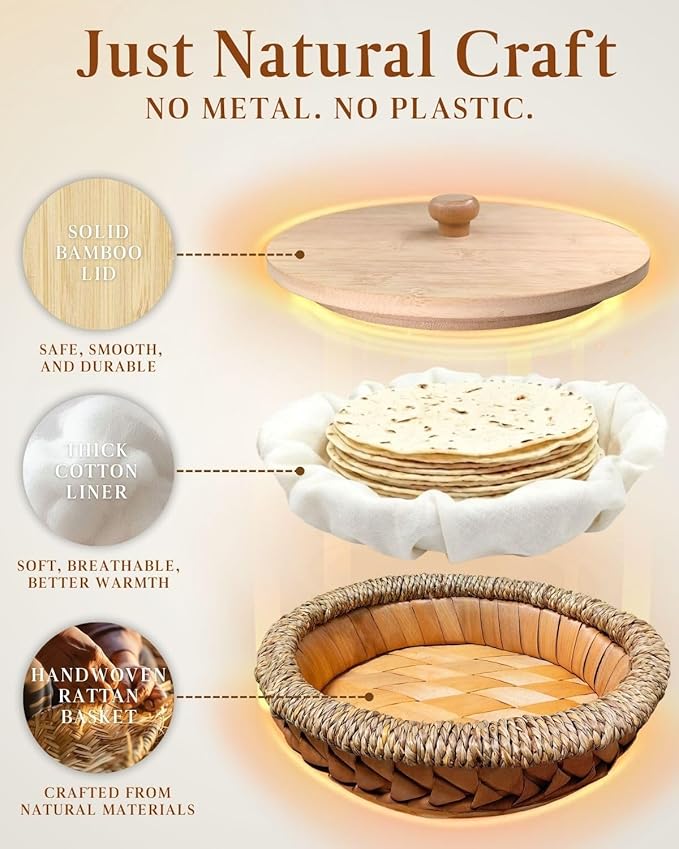 Rattan Weaving Tortilla Warmer Basket with Wooden Cover, 9.6" x 3.15" Natural Tortilla Holder with Cotton Liner, Handmade Basket for Tortillas, Roti, Pancake & Flatbread (Classic Brown)