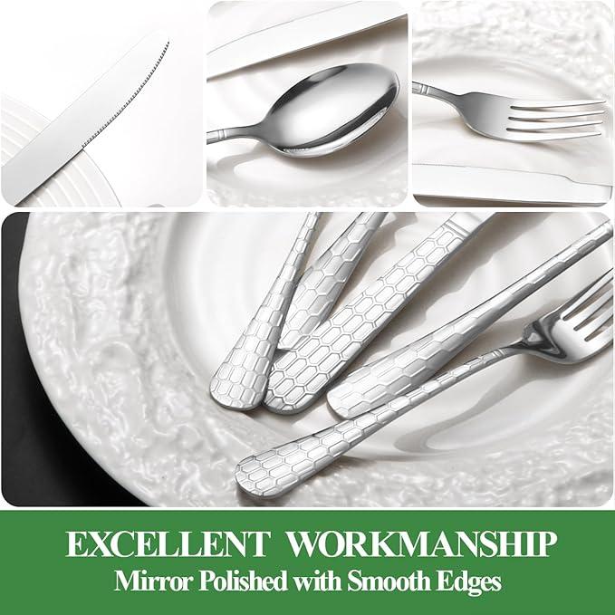 20 Pcs Silverware Set for 4 with Water Cube Handle design, Food Grade Stainless Steel Flatware Set, Eating Utensils Sets Include Fork/Knife/Spoon, Reusable Cutlery Set, Dishwasher Safe
