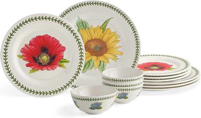 Portmeirion Botanic Garden 12-Piece Melamine Dinnerware Set (Set for 4) - Assorted Floral Motifs, BPA-Free, Shatterproof, Dishwasher Safe, Farmhouse Dinnerware for Indoor & Outdoor Use