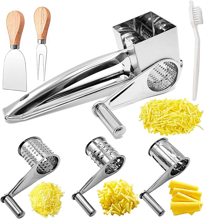 Cheese Grater set, Stainless steel Parmesan Cheese Grater, Comes with 4 stainless steel planer barrels for cheese, nuts, chocolate and more, With Cheese knife set and cleaning brush