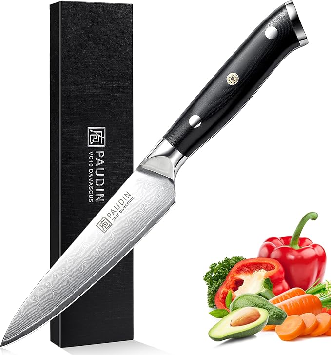 PAUDIN Utility Knife, Damascus Kitchen Knife, 67-Layer Forged Blade, Ultra Sharp Edge, Full Tang G10 Handle with Triple Rivets, 5'' Paring Knife for Cutting Fruit and Vegetables