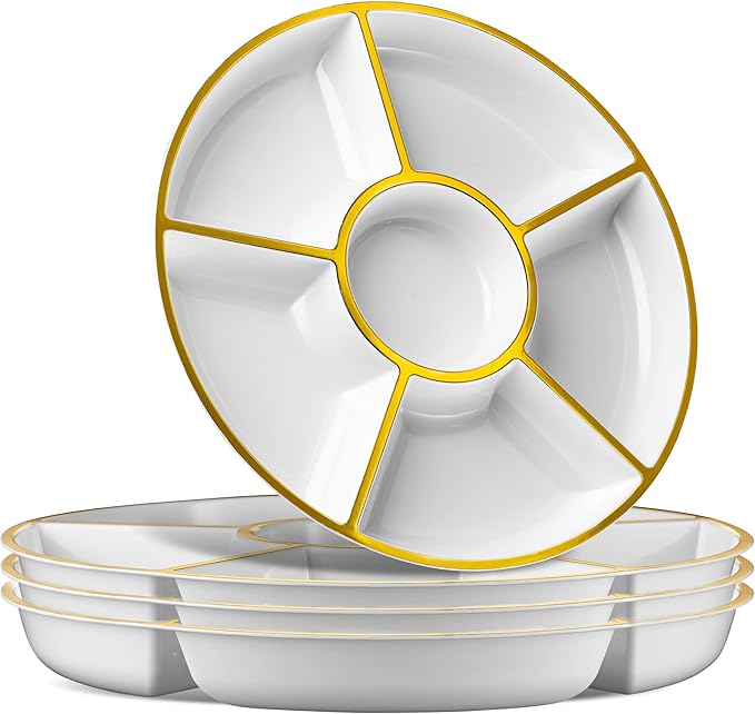 Plasticpro 6 Sectional Round Plastic Serving Tray/Platter (8, White & Gold)