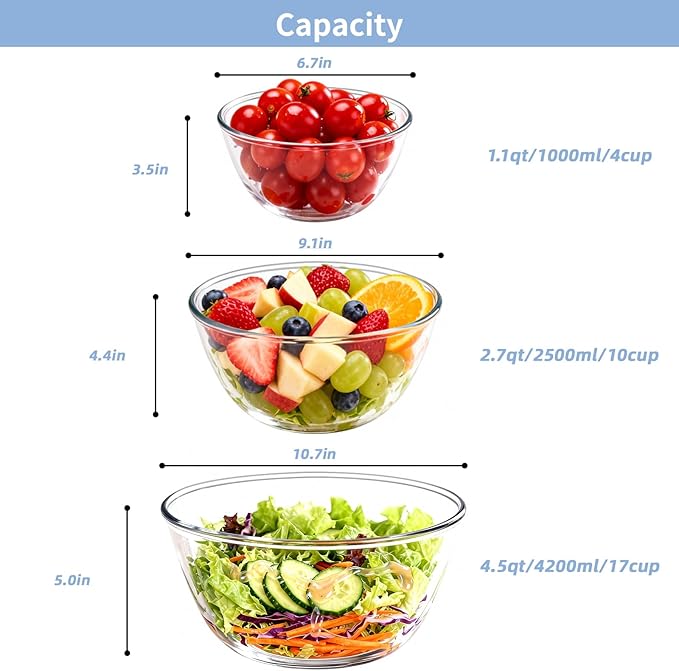 WhiteRhino Glass Mixing Bowls Glass Bowls with Lids Set(4.5QT,2.7QT, 1.1QT),Large Salad Bowls,glass mixing bowl Space-Saving Nesting Storage bowls for Cooking,Baking,Prepping,Dishwasher Safe