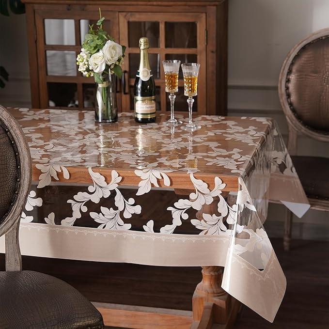 Vinyl Table Cloth Rectangle Clear Table Cover Protector with Block Printed Pattern Oil Spill Proof Farmhouse Rustic Plastic Table Covers for Dining Tables (Scroll Grass, 55 x 84 Inches)