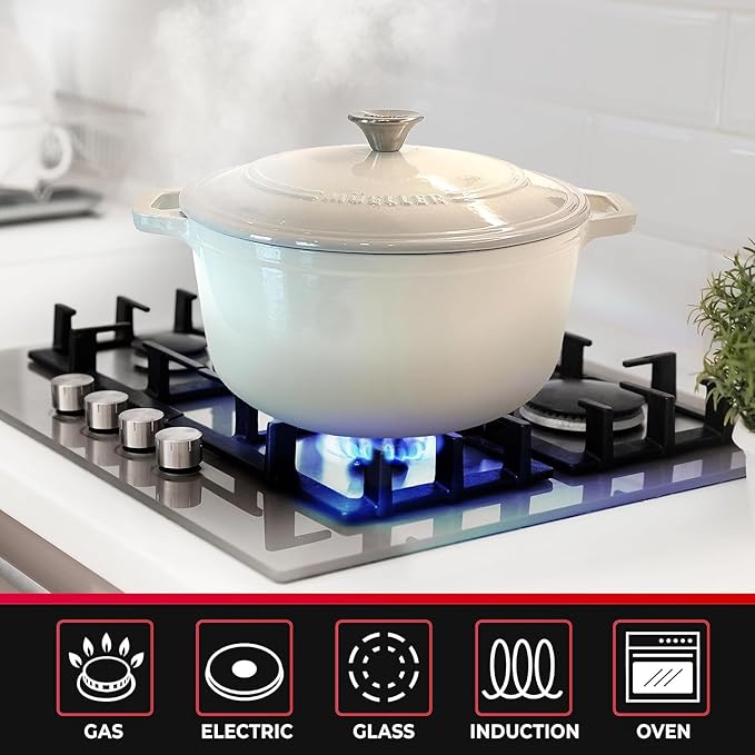 MUELLER HOME 4.5 QT Enameled Cast Iron Dutch Oven, Heavy-Duty Casserole Dish and Braiser Pan with Lid and Stainless Knob, Oven-Safe up to 500° F & Across All Cooktops, Oyster White