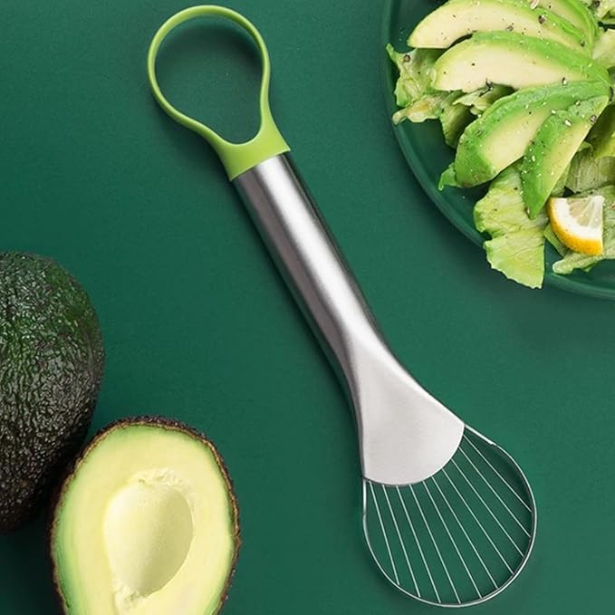 3-in-1 Avocado Slicer Tool, Emptycolor Stainless Steel Avocado Cutter, Pitter & Peeler, Multi-Function Avocado Tool for Slicing, Scooping, and Pit Removal, Kitchen Gadget with Green Plastic Handle