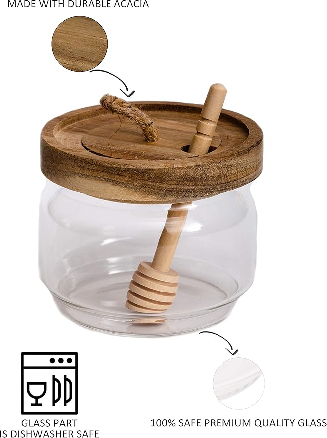 Honey Jar Pot Glass Holder Dispenser Set with Wooden Dipper Stick and Acacia Lid Cover for Home Kitchen, Clear, Modern Honey Syrup Glass Container for Storage Gift, Honey Pot and Drizzler (9 Oz)