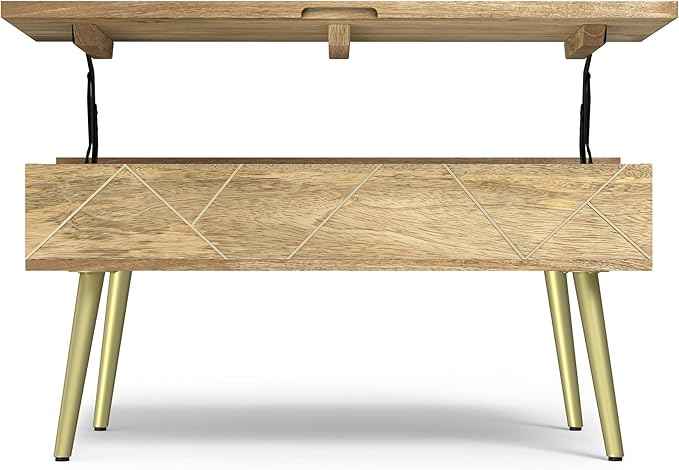 SIMPLIHOME Jager Lift Top Coffee Table - 36 inch Wide Solid Mango Wood Contemporary Modern Cocktail Table in Natural, Stylish Living Room Table with Hidden Storage, Brass Inlay, and Gold Metal Legs