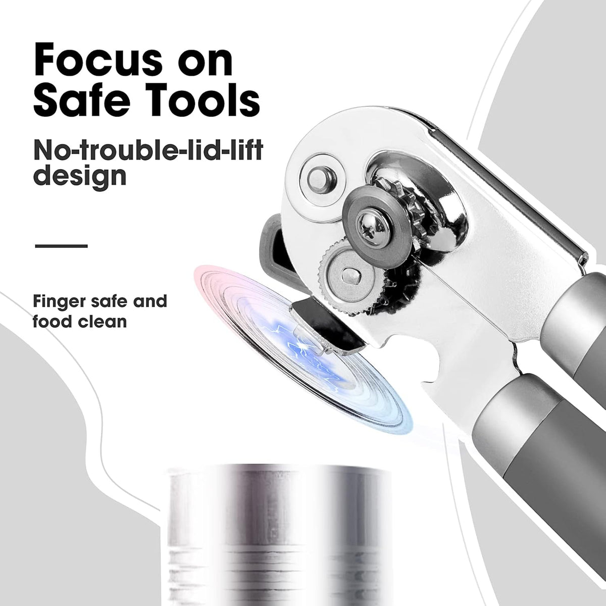 Beneno Can Opener Manual with Magnet, Hand Held Heavy Duty Can Opener with Durable Sharp Blade Smooth Edge, Big Effort-Saving Knob, Soft Grip Rubber Handle, Multifunctional Bottle Opener, Gray