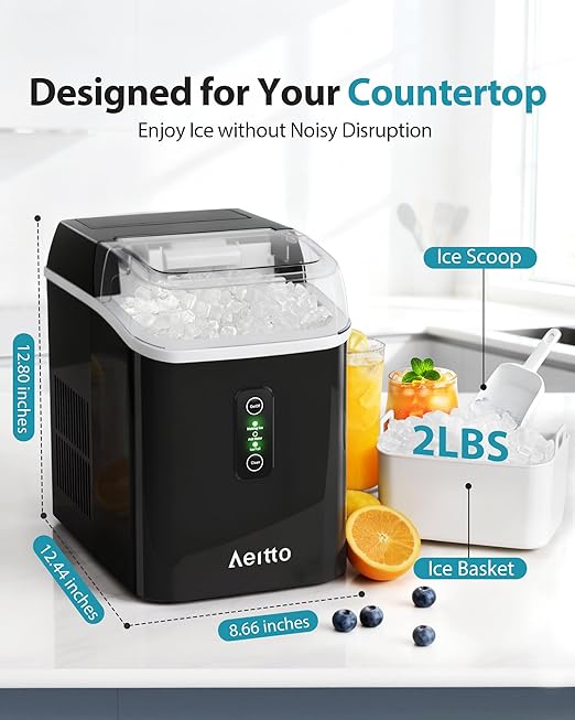 Aeitto Nugget Ice Maker Countertop, 42lbs/24H Ice Machine with 1.5L Water Tank, Rapid Ice Release in 6 Mins, Self-Cleaning Pebble Ice Maker with Basket and Scoop for Home Office RV and Party, Black