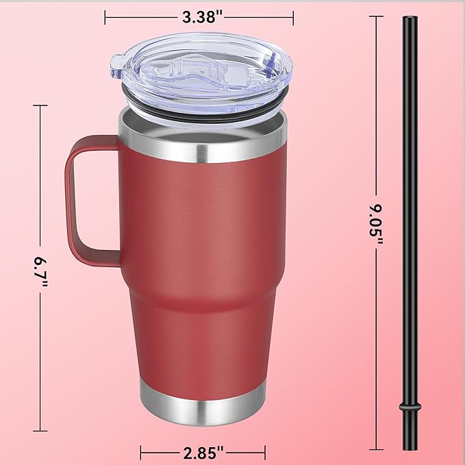 20 oz Stainless Steel Tumbler with Handle Bulk Metal Insulated Tumblers Travel Coffee Mug with Handle Double Wall Tumbler Cup with Lid and Straw, Wine Red 6 Pack