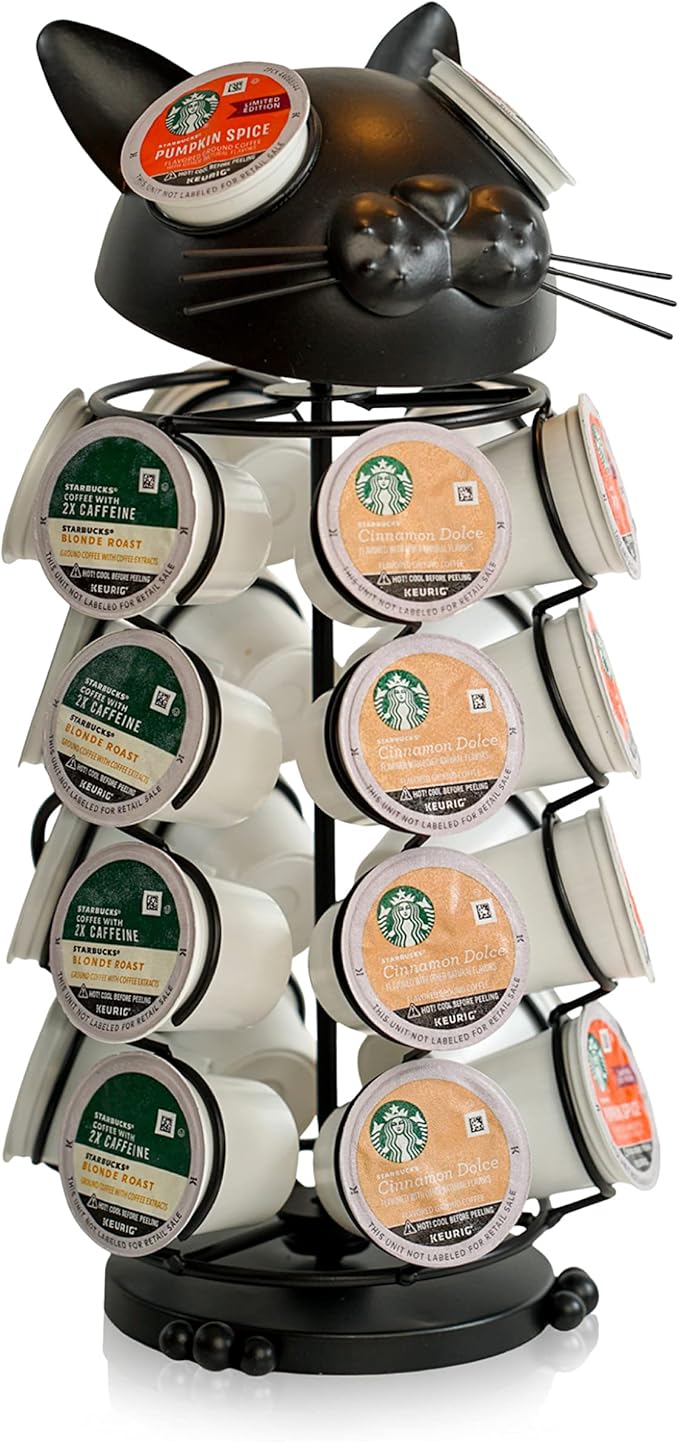 Made Easy Kit Carousel 360 Coffee Pod Holder, Compatible with Keurig K-Pods K-Cups, Countertop Rack Storage Organizer, Metal Home and Kitchen Decor, Capsule Café Station Bar (Small, Black Cat)