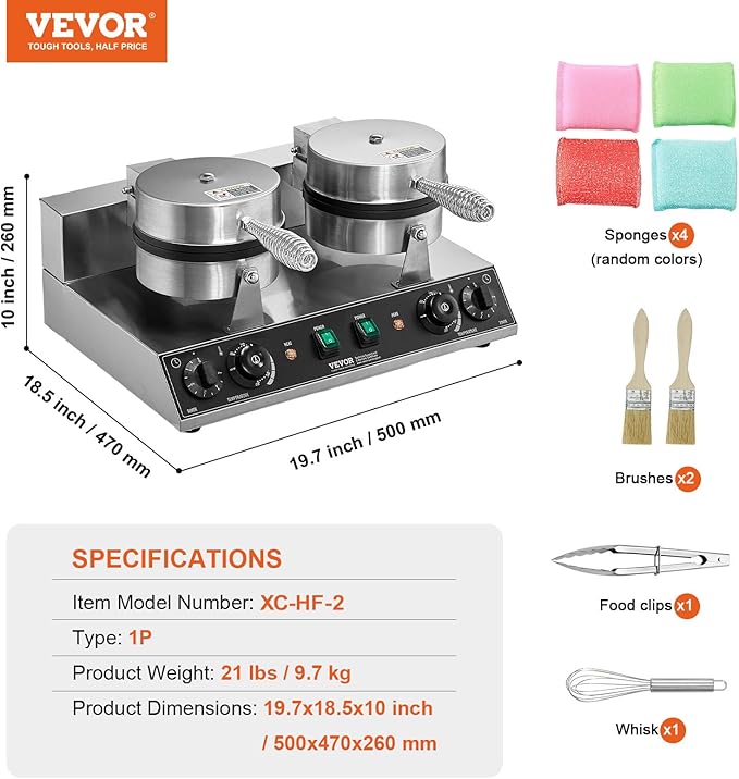 VEVOR Commercial Waffle Maker, Dual-Head Round Waffle Baker Machine, 2460W Non-Stick Stainless Steel Belgian Waffle Iron with Temp and Time Control, Handle, for Restaurant Bakery Snack Bar Family