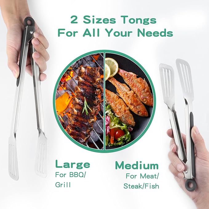 Metal Tongs for Cooking, Set of 2 Stainless Steel Spatula Tongs for Grilling, Cooking and Flipping, Strong Grip for Ribs, Steak and Fish, Comfortable Grip, Easy Pull Lock, 9 inch & 12 inch