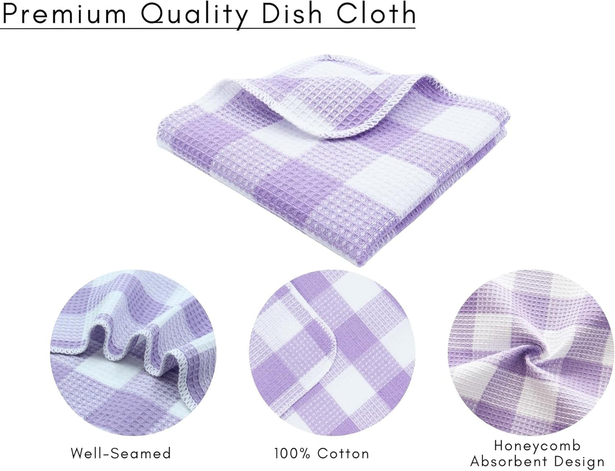Waffle Weave Plaid Dish Cloths, 100% Cotton - 12 x 12 Inches, Ultra Soft Absorbent Quick Drying Dish Towels Buffalo Check Dish Rags for Kitchen, 8 Pack - Spring Summer - Lavender & White