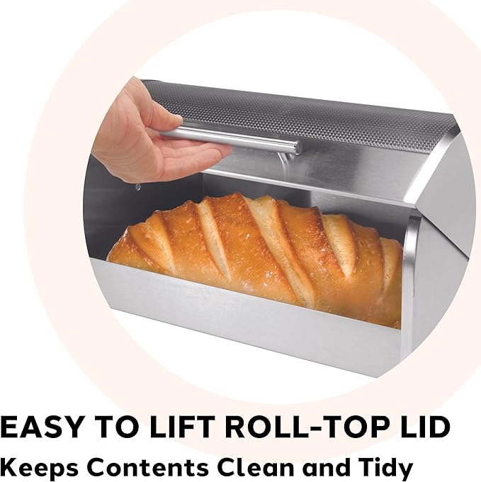 Oggi Stainless Steel Roll Top Bread Box for Kitchen Countertop with Tempered Glass Lid - Fits Multiple Large Loaves of Bread and Other Freshly Baked Goods Including Cookies, Bagels, Muffins