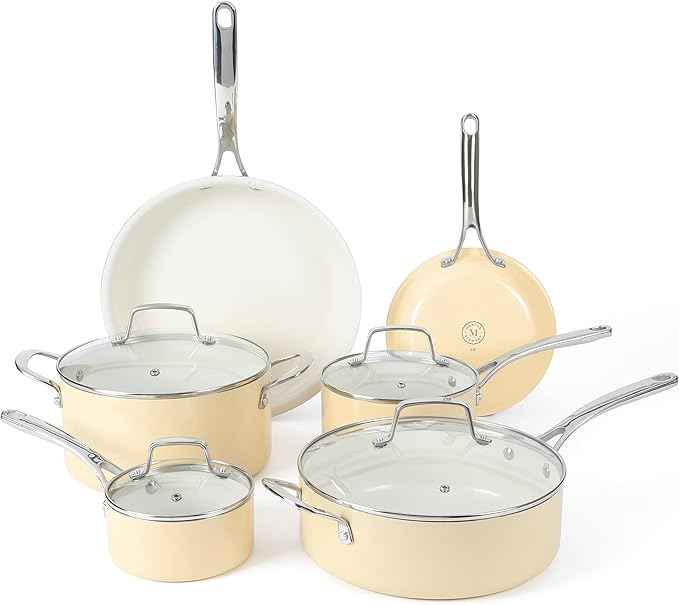 Martha Stewart Lockton Premium Nonstick PFA Free Ceramic Interior 10 Piece Enamel Heavy Gauge Aluminum Pots and Pans Cookware Set - Butter Cream