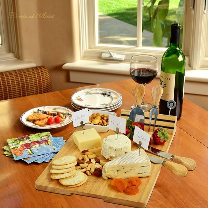 Picnic at Ascot Personalized Monogrammed Laser Engraved Hardwood Board for Cheese & Appetizers - Includes 4 Cheese Knives, Cheese Markers & Ceramic Dish - Designed in California