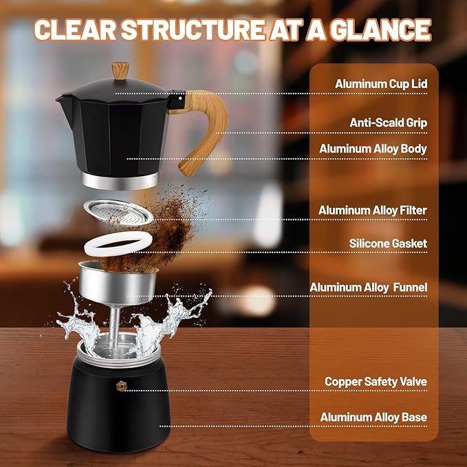 3 Cup Aluminum Espresso Stovetop Moka Pot Express Coffee Maker Percolator Italian Classic Mocha Coffee Machine for Italian and Cuban Cafe Brewing for Home & Camping 150ml 5oz