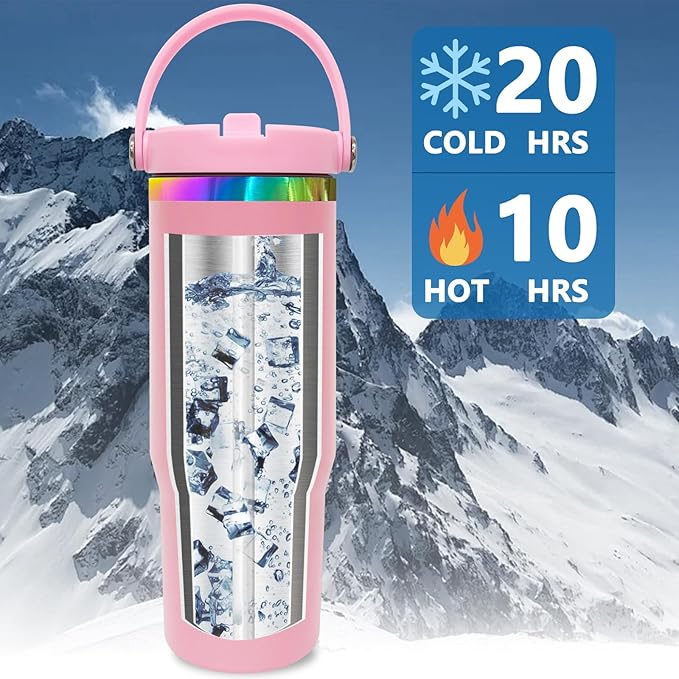 30 oz Tumbler Bulk with Handle and Straw, Vacuum Insulated Tumblers with Flip Straw and Top Handle, Leakproof Powder Coated Tumbler, Stainless Steel Travel Mug for Coffee Water (Pink, 4 Pack)