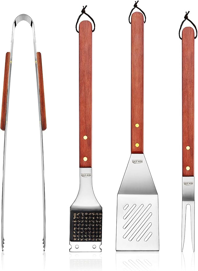 New Star Foodservice 59007 Stainless Steel BBQ Tool Set with Solid Hard Wood Handles, Set of 4