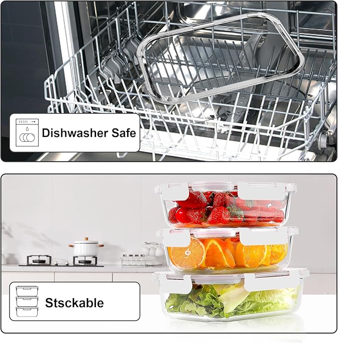 VERONES 10Pack Glass Meal Prep Containers, Airtight Glass Lunch Containers,Stackable Food Storage Containers Set with Lids,Exclusive of BPA, for Microwave,Oven, Freezer&Dishwasher Friendly,White
