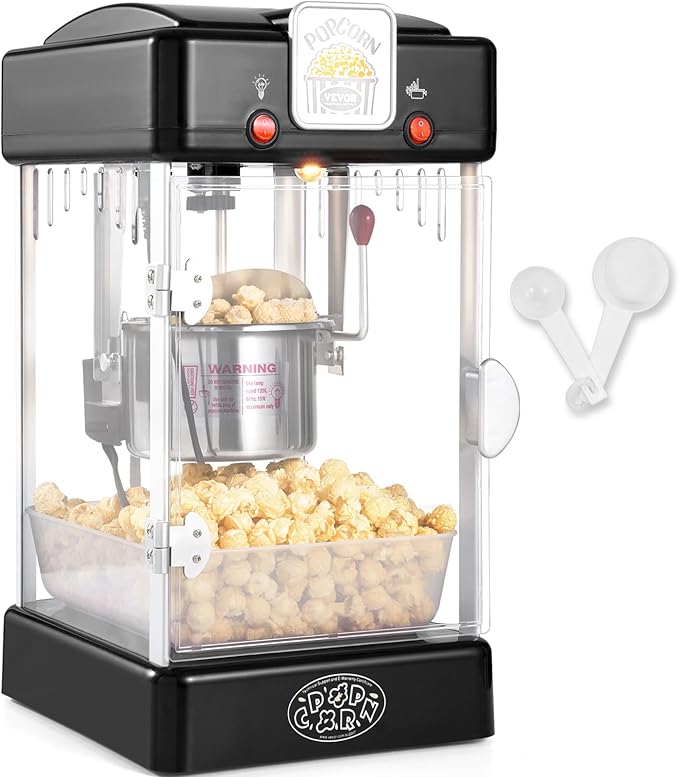 VEVOR Popcorn Maker, 300W Popcorn Popper Machine, 2.5 Oz Kettle Makes 4 QT per Batch, Tabletop Popcorn Maker with PP Door, Includes 2 Scoops and Tray, Movie Theater Style, Black